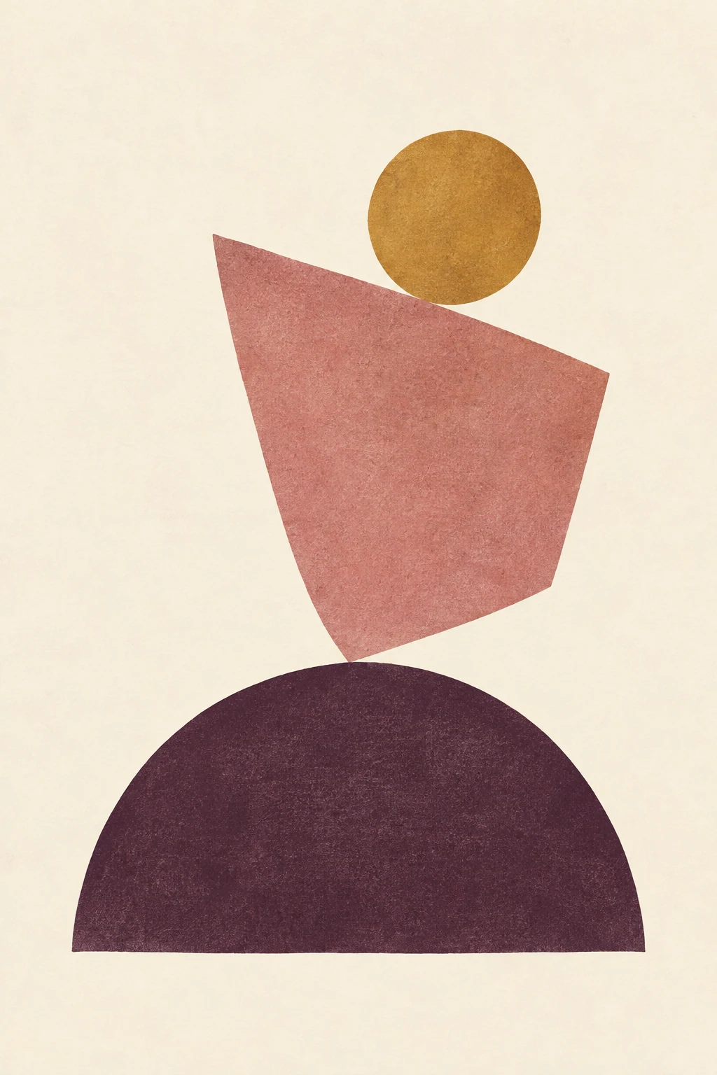 Three unequal shapes balance in a quiet stack of ochre, rose and aubergine.
