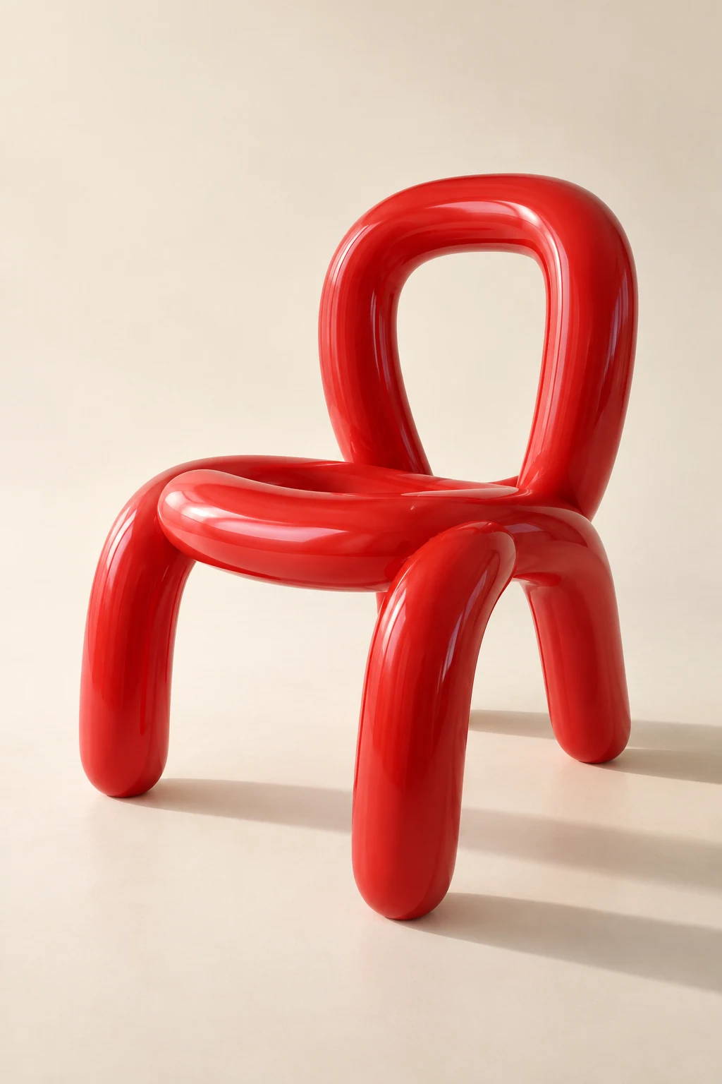 A glossy red inflated tube becomes an elegant chair on an empty cream floor.