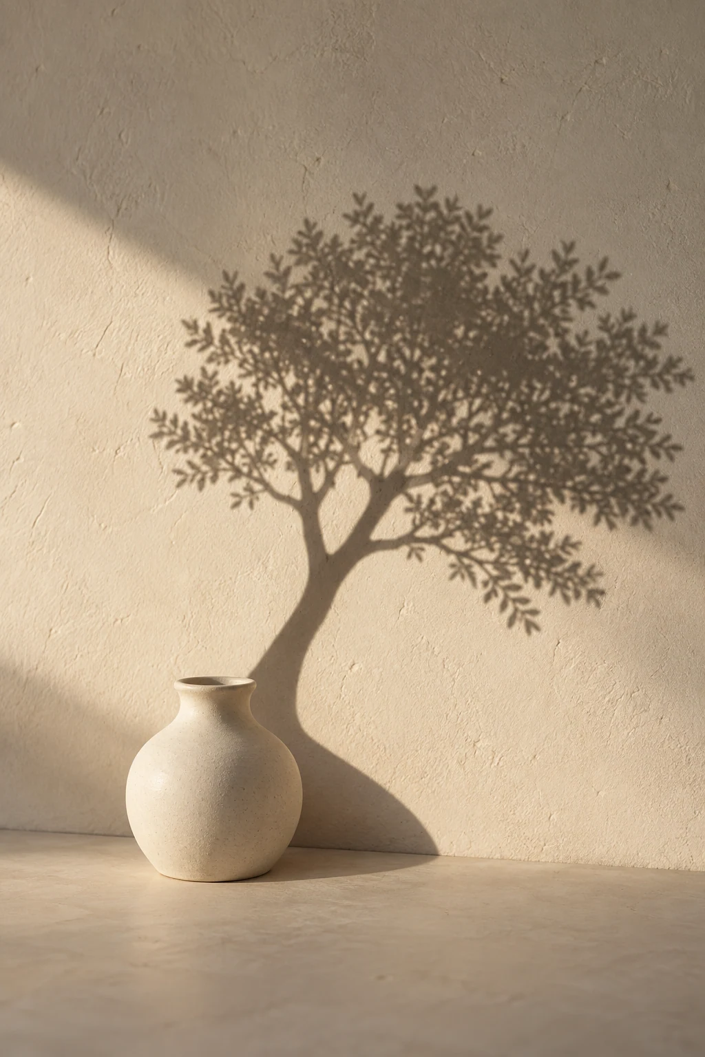 A simple empty vase casts the unexpected shadow of a small tree.