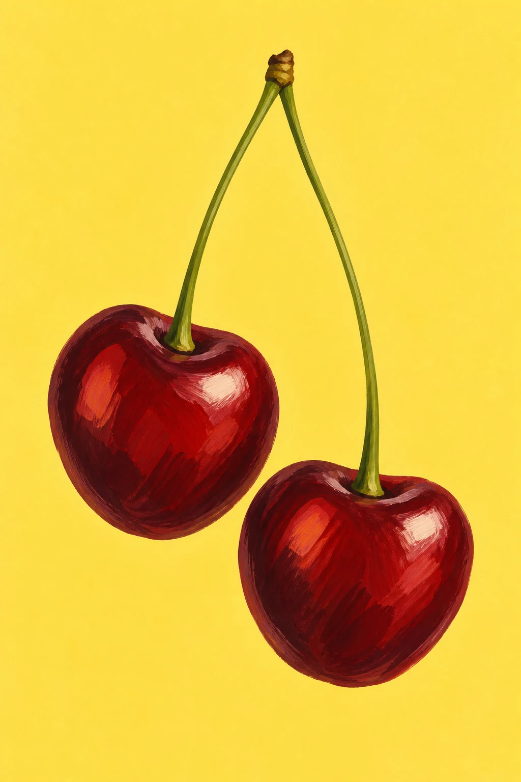 Two deep-red cherries join at their stems against a clean butter-yellow field.