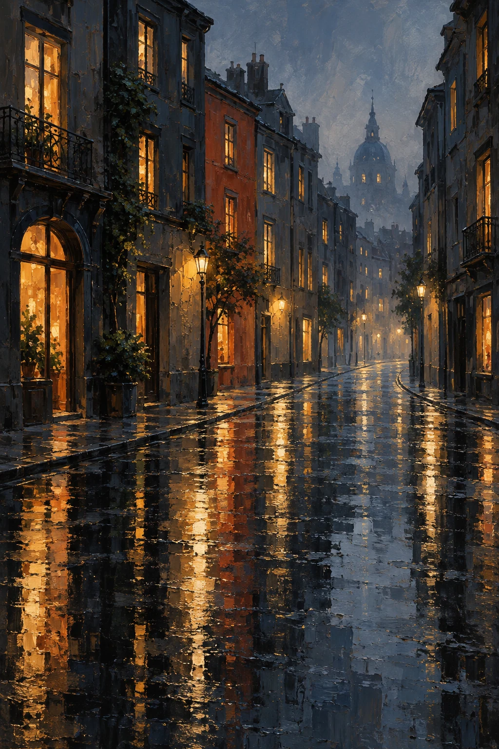 Warm lit windows cast long, broken reflections across a rain-soaked city street.