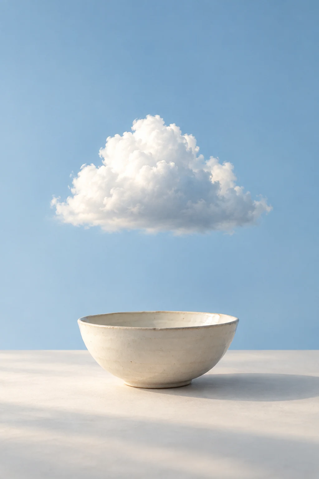 A small white cloud hovers just above a simple cream ceramic bowl.