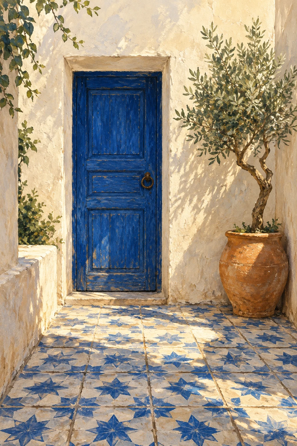A cobalt door, patterned tiles and a single potted tree bring colour to a small sunlit courtyard.