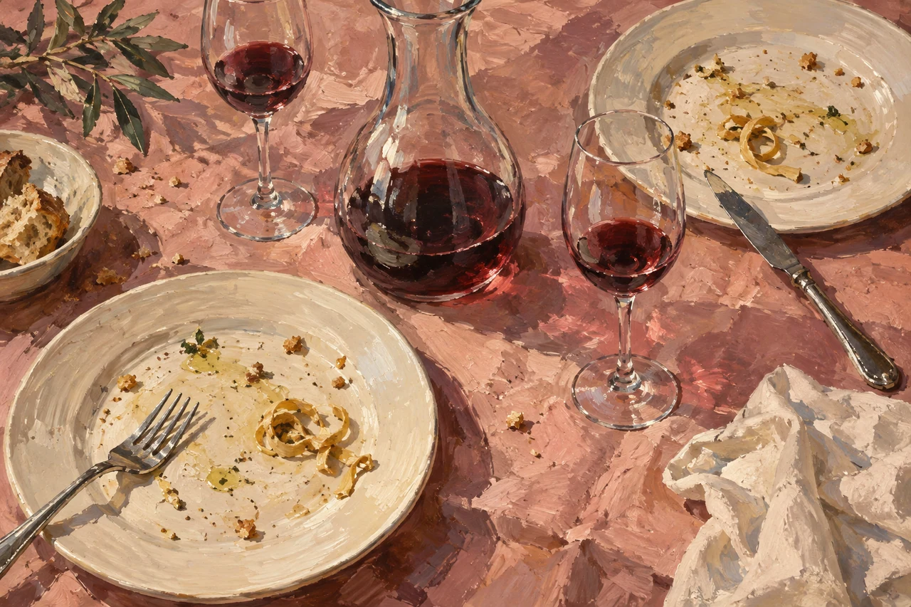 Two wine glasses and a carafe sit among the traces of a nearly finished dinner.