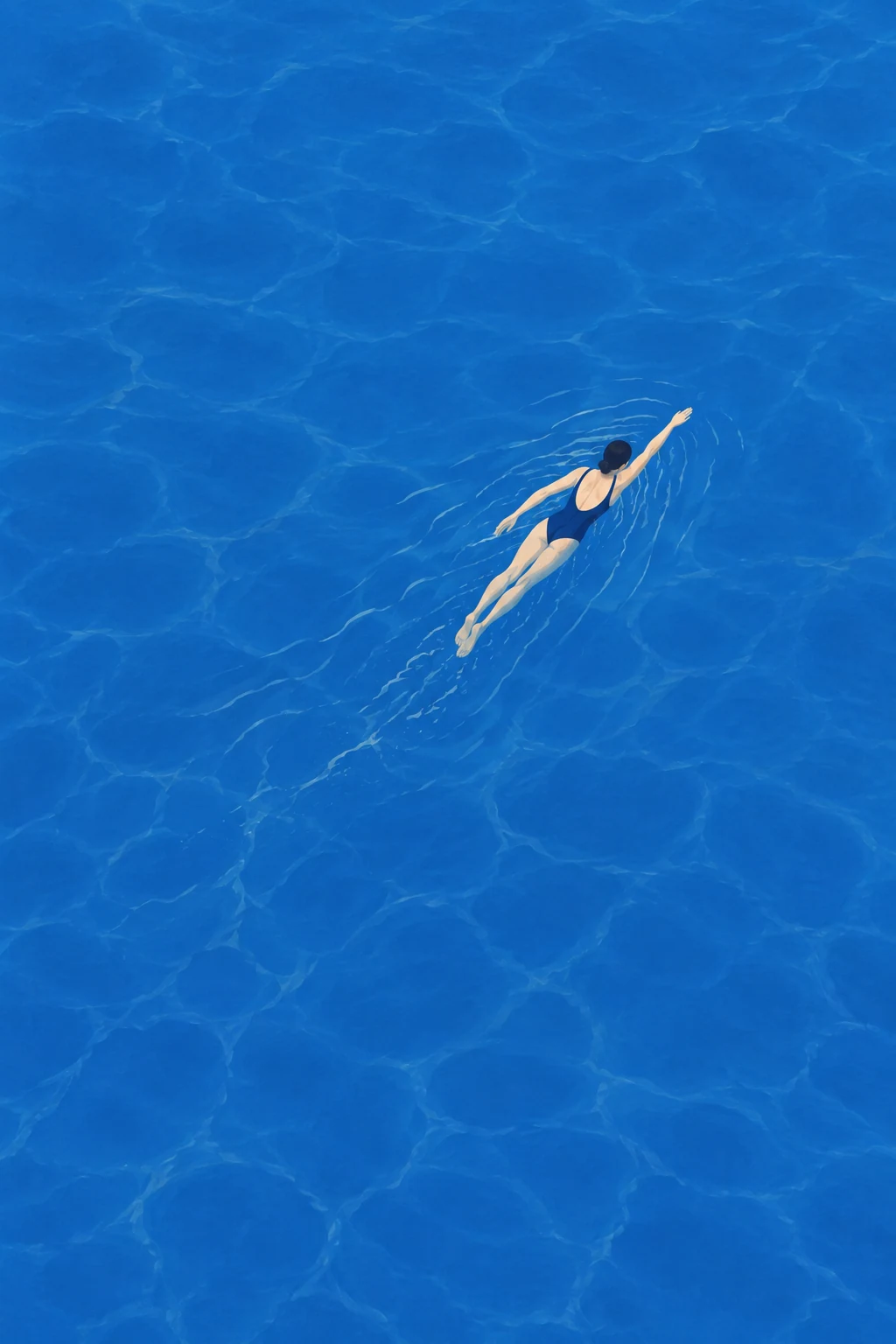 One lone swimmer draws pale ripples through an open field of blue.