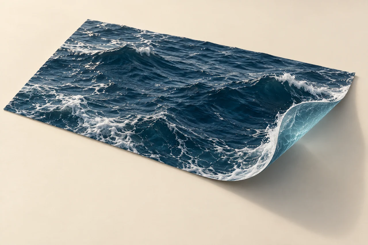 A thin piece of blue sea lifts at one corner like a sheet of paper.
