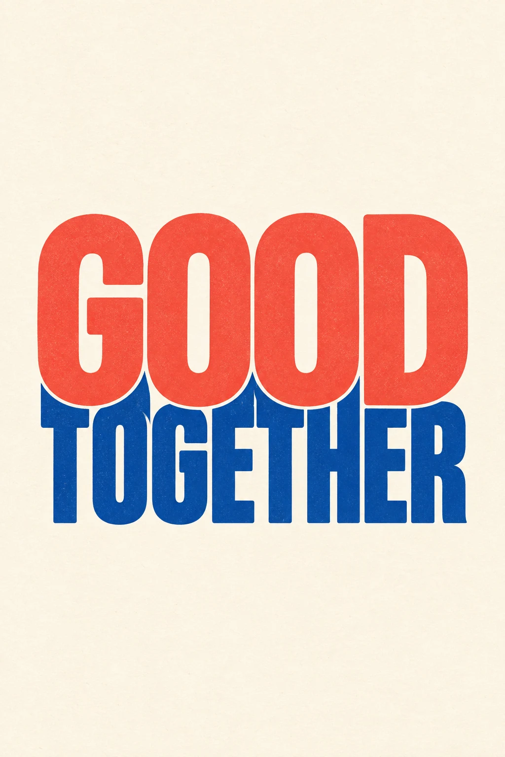 Red and blue words fit together in a bold interlocking typographic composition.
