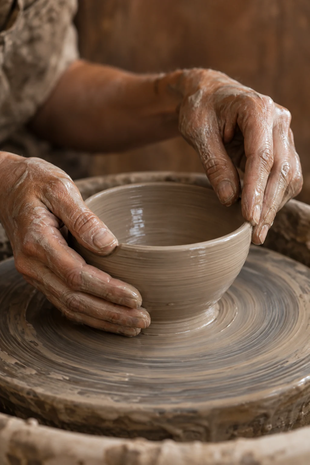 Clay-covered hands shape a small bowl in a close study of craft and texture.