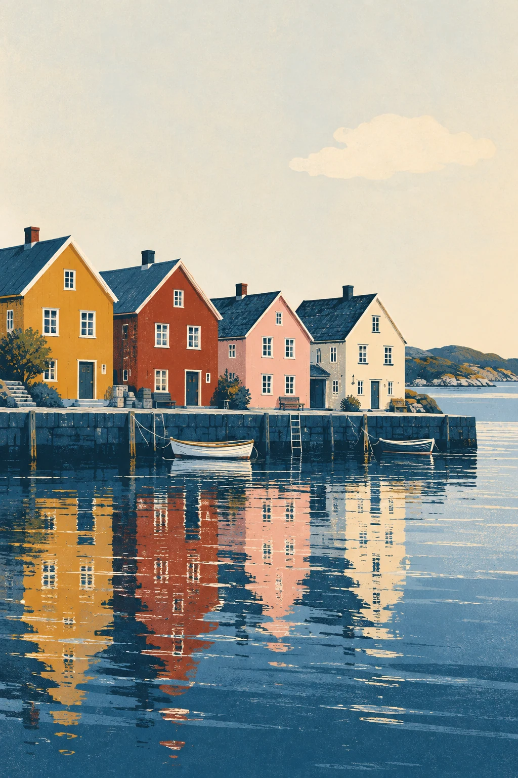 Colourful harbour houses and their broken reflections sit beneath a wide, pale Nordic sky.