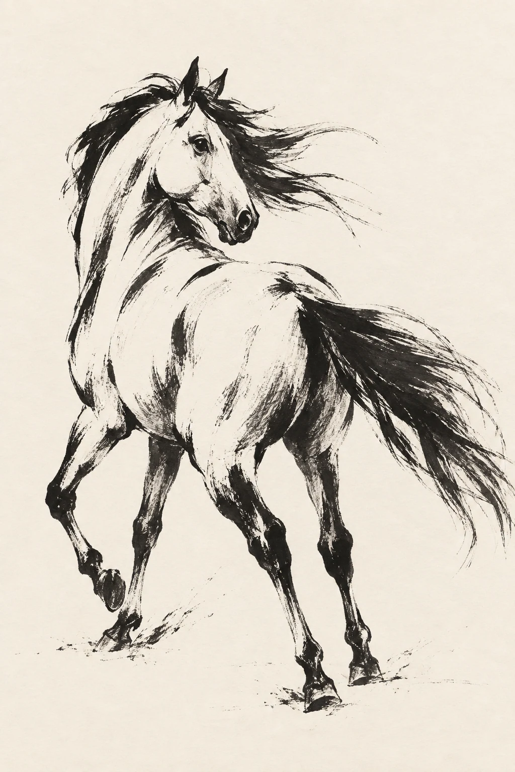 A turning horse appears in a few energetic black ink strokes.