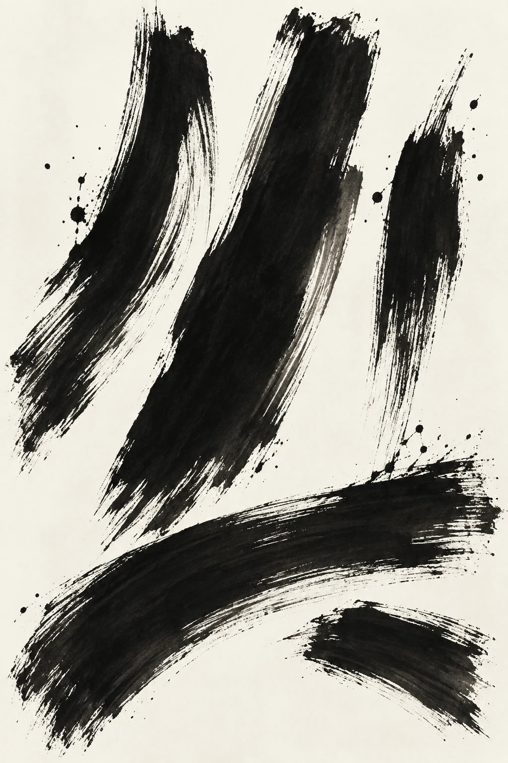Broad black brushstrokes create a measured rhythm across light paper.