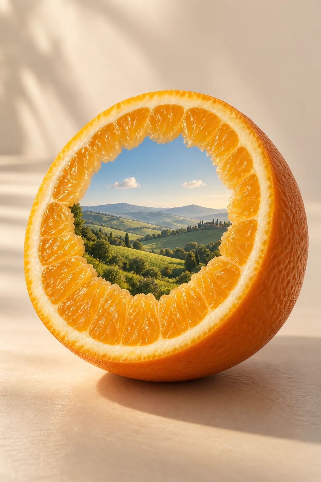 A sliced orange reveals miniature green hills and a blue sky within its rind.