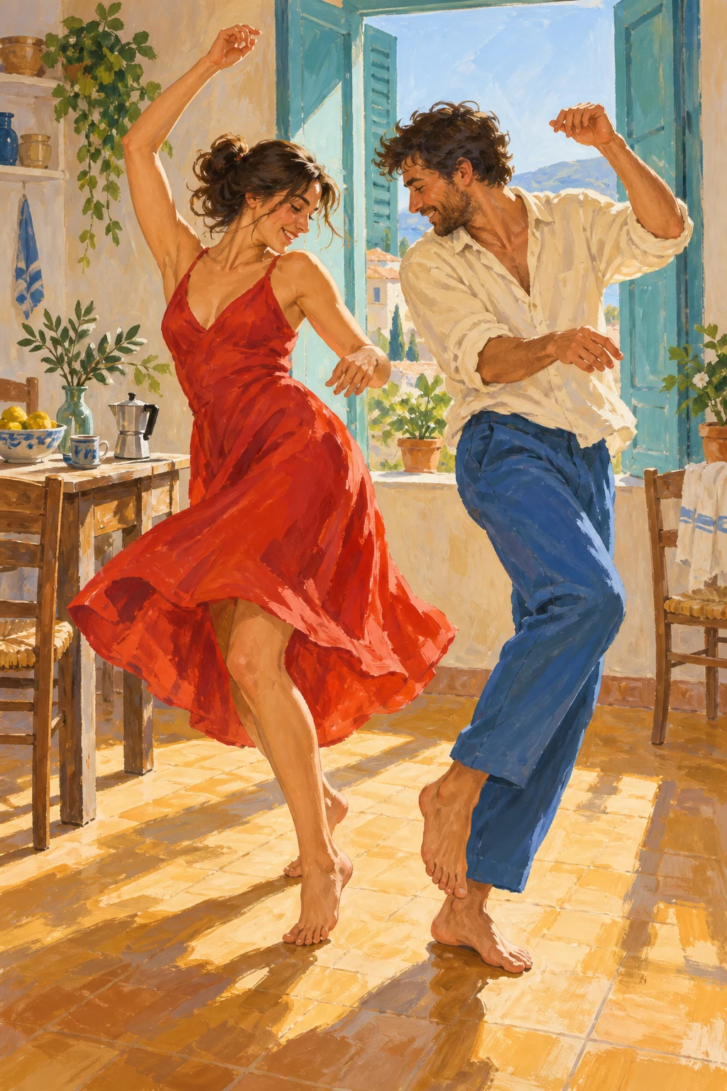 Two barefoot dancers fill a sunny kitchen with loose colour and movement.