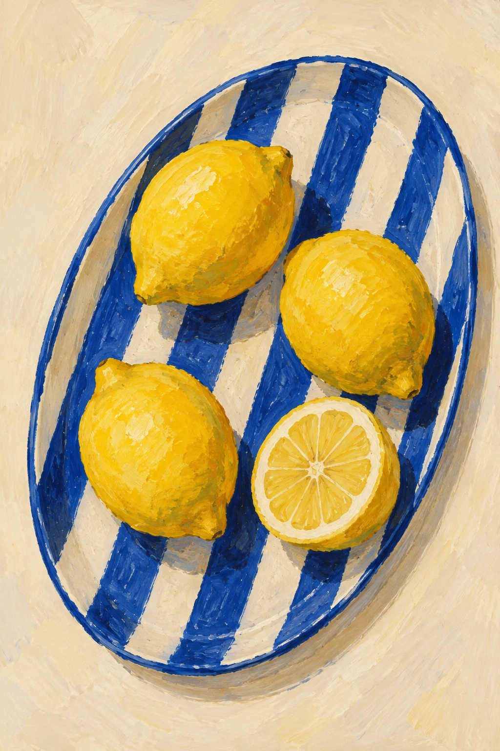 Three lemons and a cut half rest on a striped cobalt-and-cream ceramic platter.