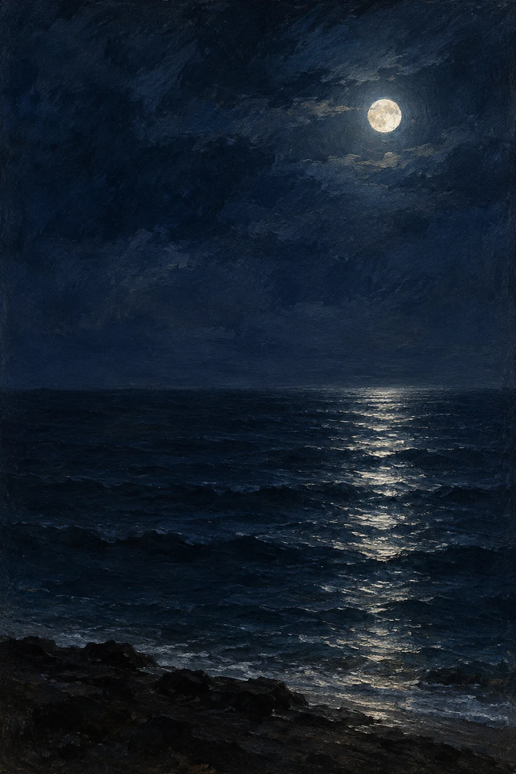 A pale moon casts a broken silver path across indigo water above a thin, dark shoreline.