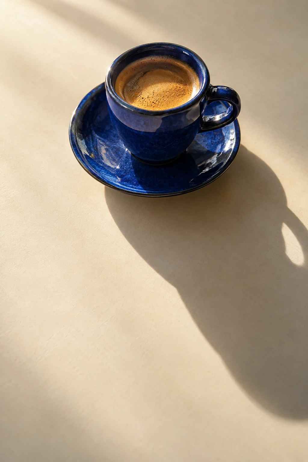 A blue espresso cup catches the morning light and casts a long shadow across cream.