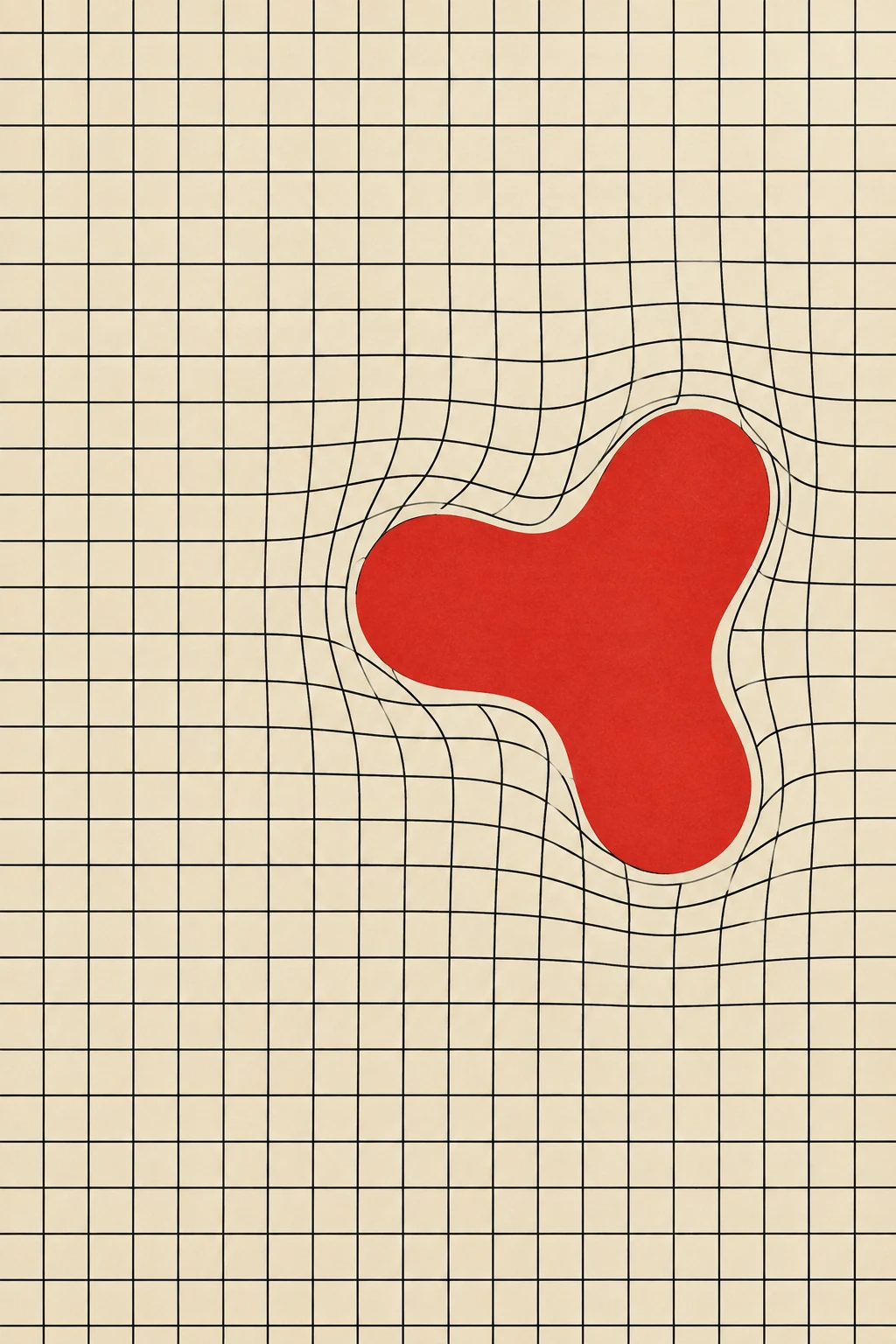One red organic shape interrupts a precise black grid on cream.