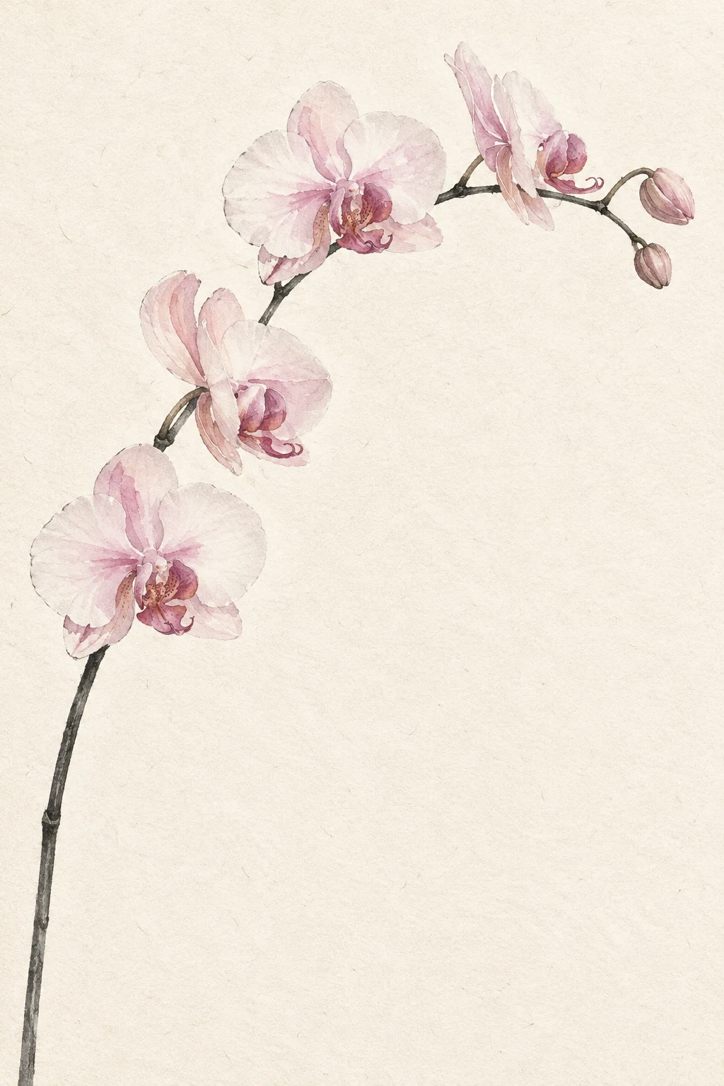 A single orchid stem arcs across a quiet field of paper with pale pink watercolour blooms.