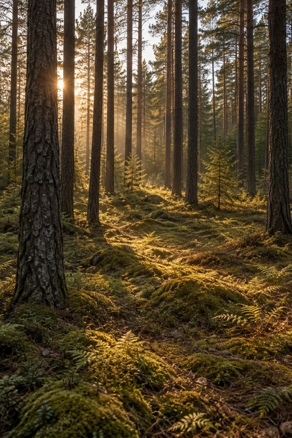 Low amber light slips between pine trunks and warms the mossy forest floor.