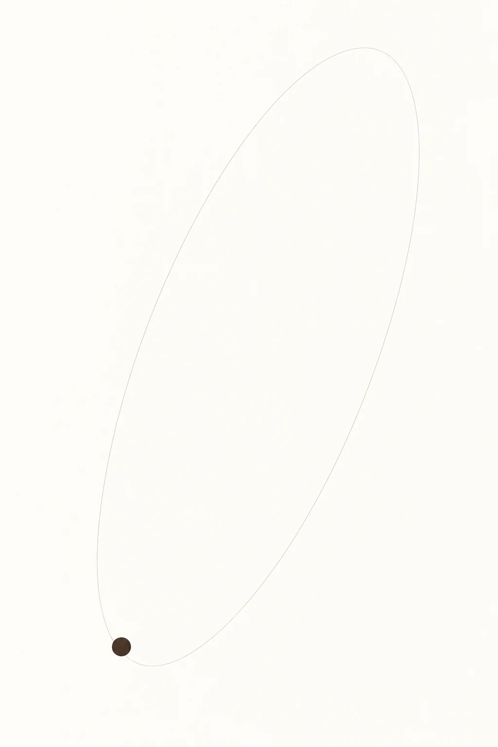 A small dark circle meets a barely visible elliptical line on warm white.