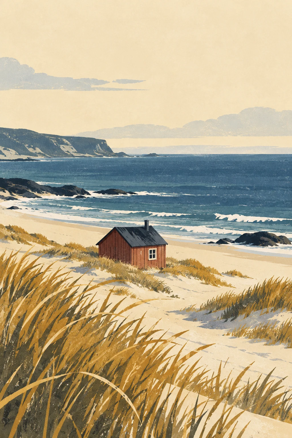 A solitary red timber cabin sits among dune grasses with an open sea behind it.