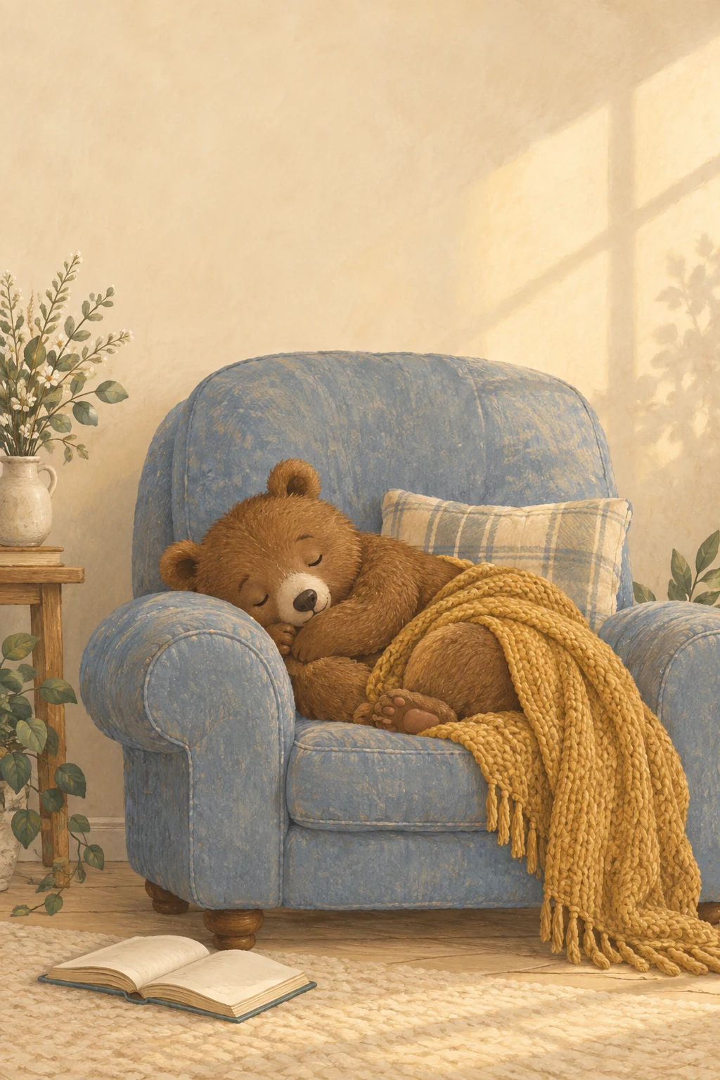 A small bear sleeps in an oversized armchair beside an open book.