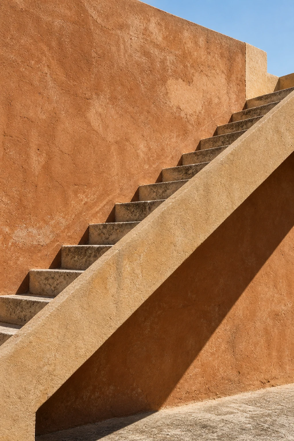 An exterior staircase cuts a bold diagonal across sunlit sand and terracotta plaster.