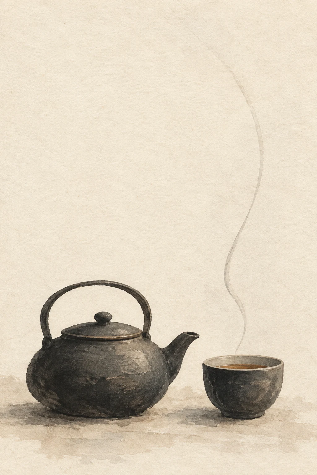 A dark teapot and a small cup sit beneath a fine arc of rising steam.