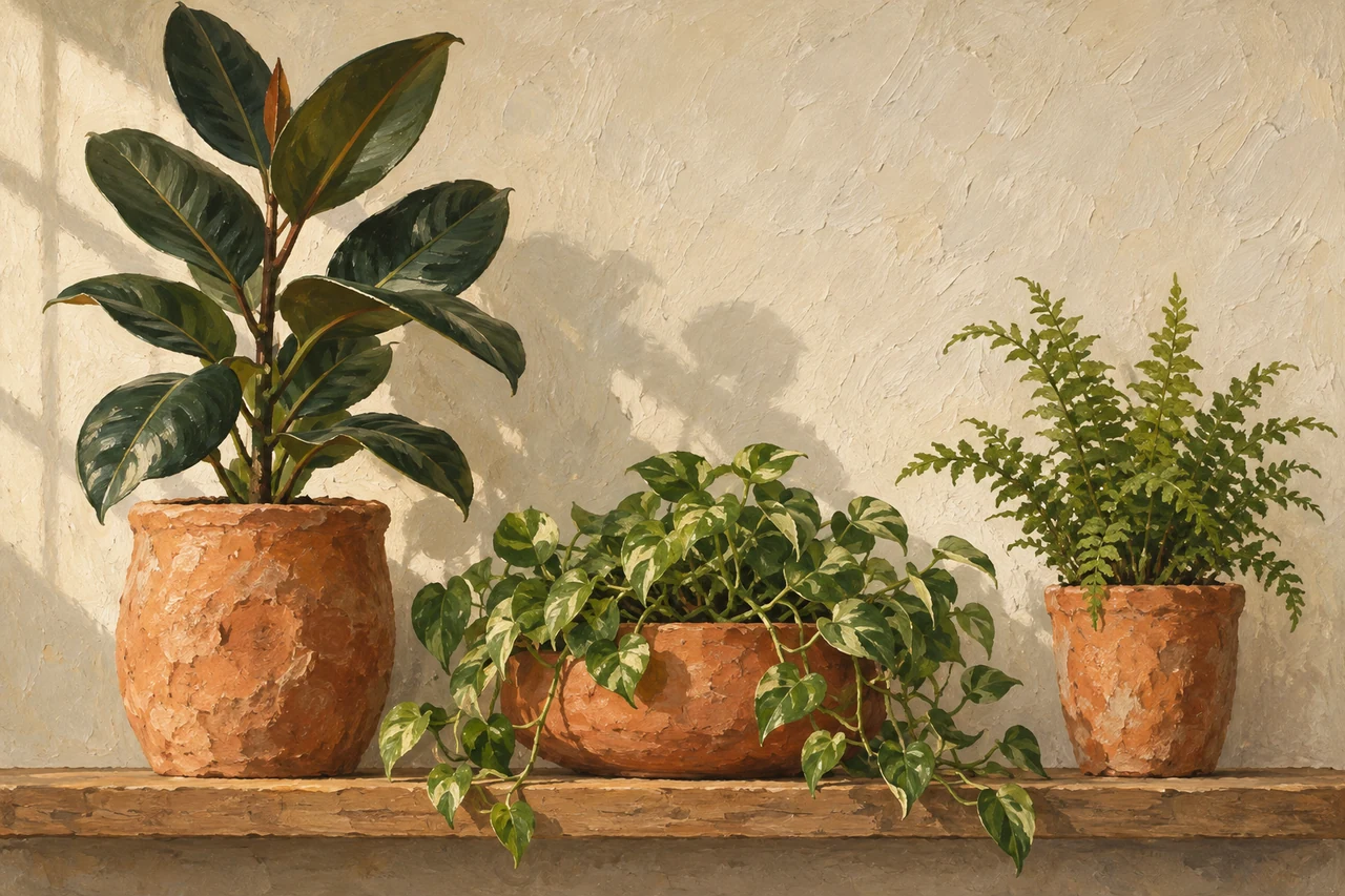 Three leafy plants in irregular terracotta pots sit along a quiet shelf in a warm painted still life.
