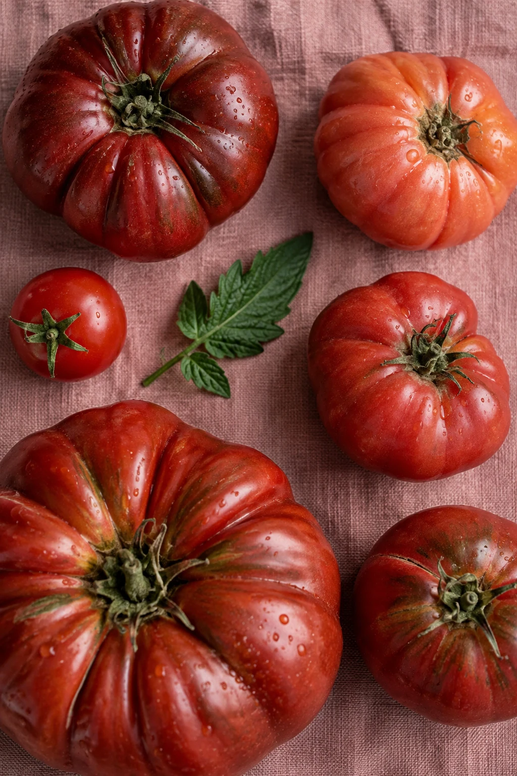 Uneven ripe tomatoes and one green leaf bring rich colour to a pink cloth.