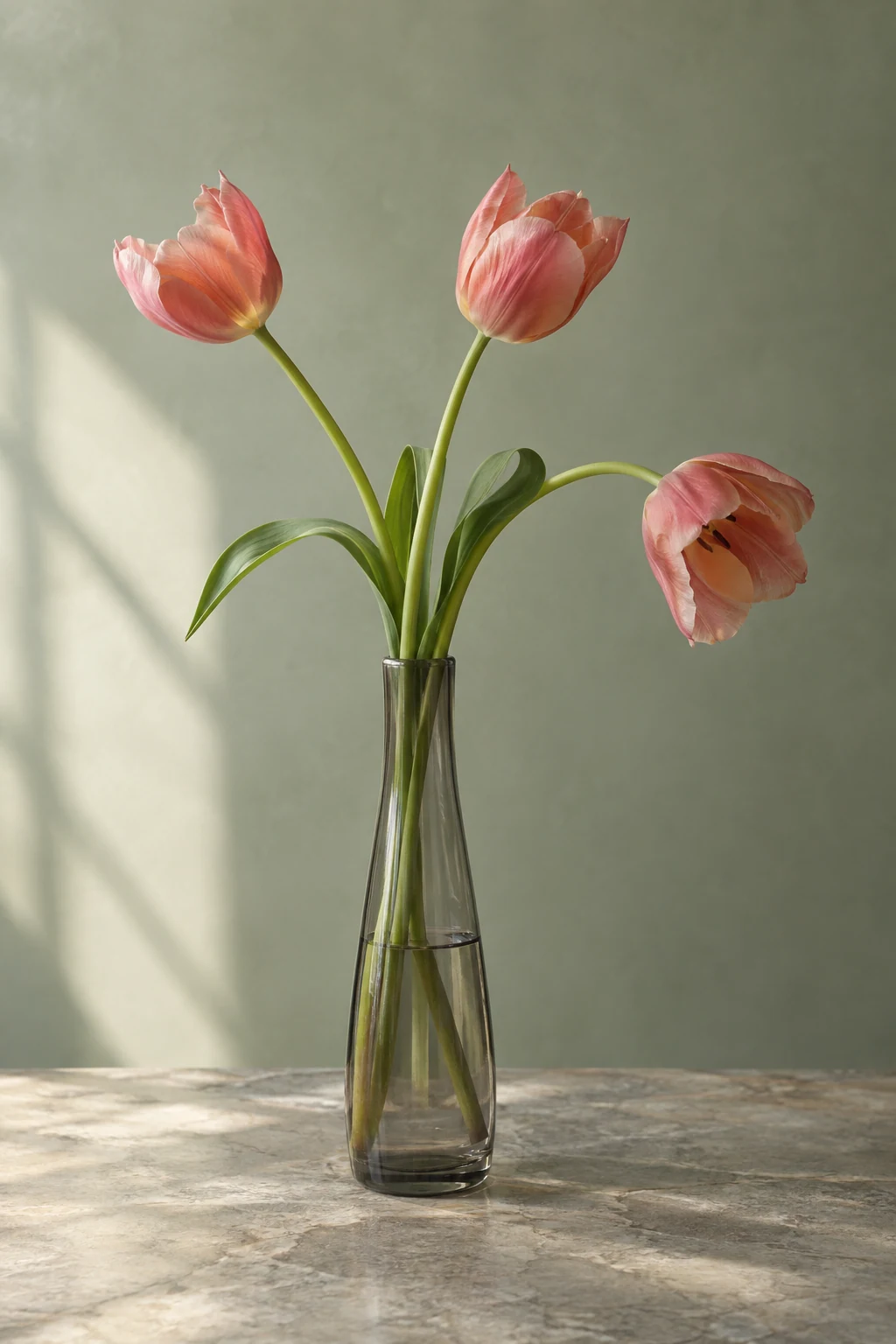 Three pink tulips lean in different directions from a slender glass vase in soft window light.