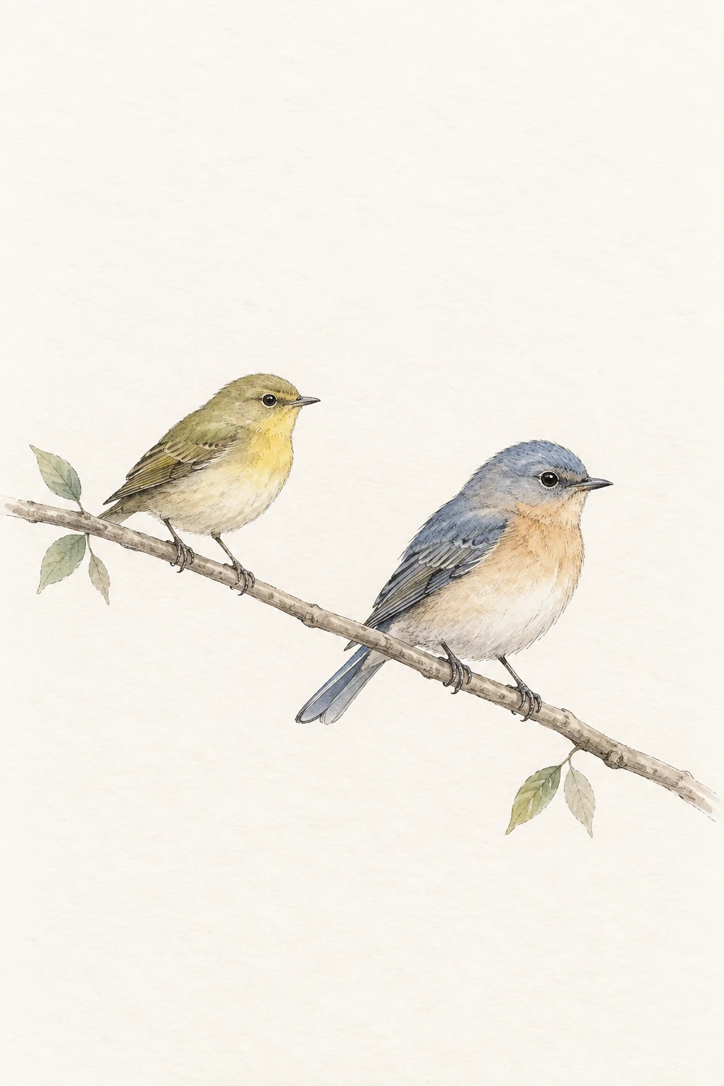 Two small songbirds perch apart on a slender branch in an airy ink study.