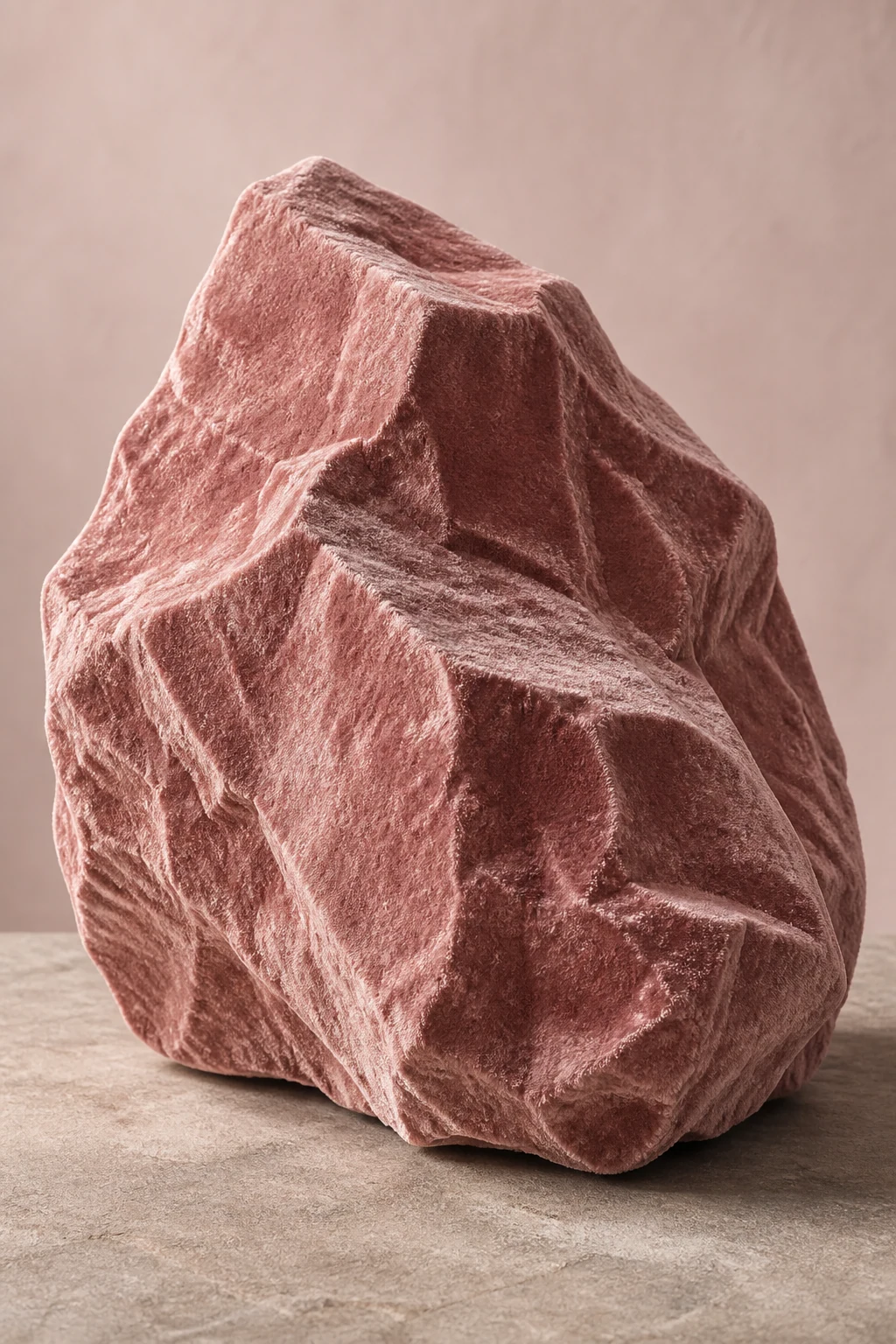 A rugged rock wears a soft dusty-pink velvet surface.