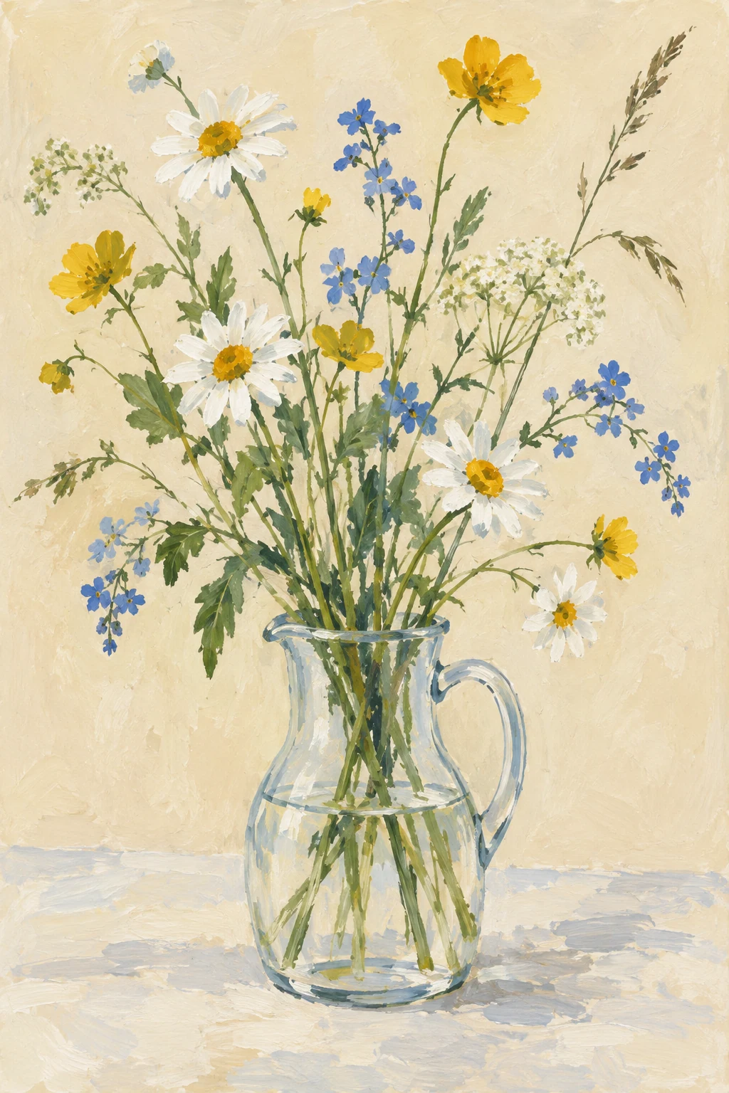 Long, unruly meadow stems gather loosely in a simple glass jug painted with lively gouache strokes.