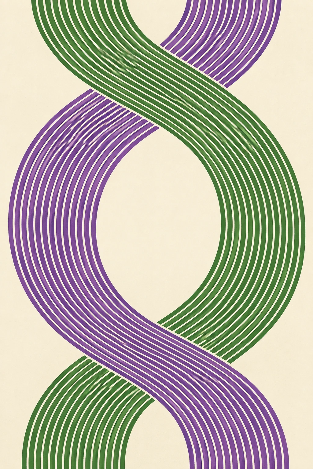 Green and violet striped ribbons weave over and under one another.