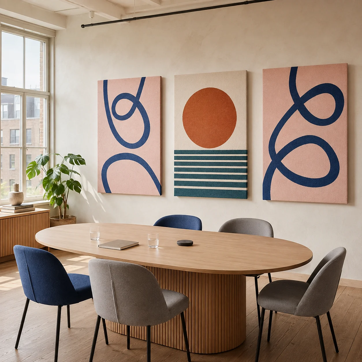 Visualisation of a bright meeting room with an oak table, blue and grey chairs, and three colourful acoustic artworks